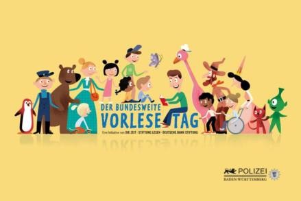 Bundesweiter Vorlesetag verschiedene Menschen und Tiere die um den Schriftzug "Bundesweiter Vorlesetag" stehen. Das Logo der Polizei Esslingen unten rechts.