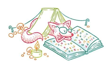 Fuchs mit Brille liegt unter einem Buch und liest