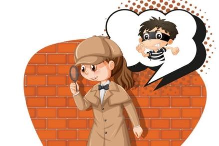 Mädchen mit Detektivmantel und Lupe die nach einem Verbrecher sucht Mädchen mit Detektivmantel und Lupe die nach einem Verbrecher sucht