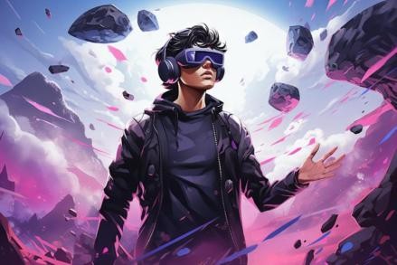 Gaming Day 2026 Junge mit VR-Brille umgeben von schwebenden Felsen im Comic Stil