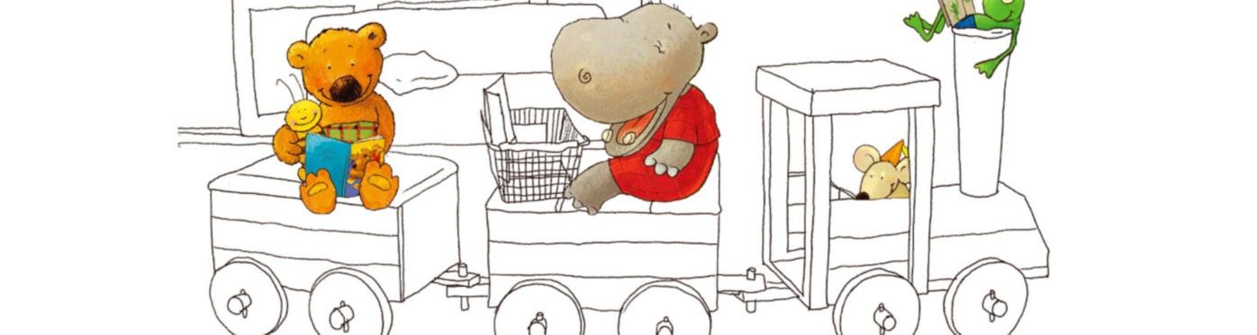 Bär, Nilpferd und Frosch sitzen auf dem Zug in der Kinderbücherei