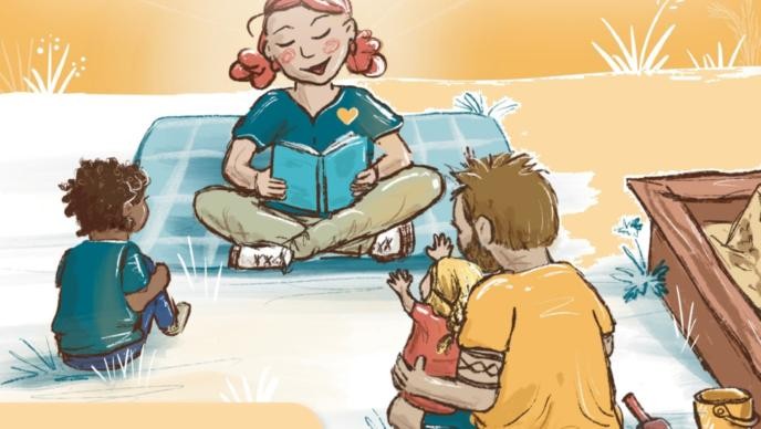 Illustration Zeichnung: Vorlesen auf einer Picknickdecke auf der Wiese
