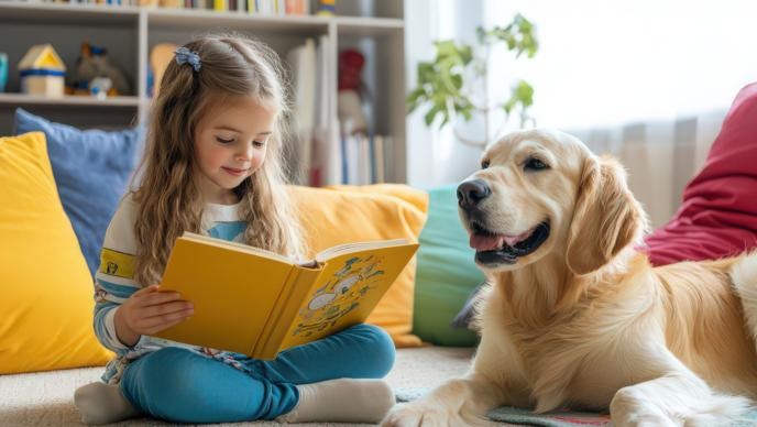 Lesen mit Hund Kind liest einem Hund vor