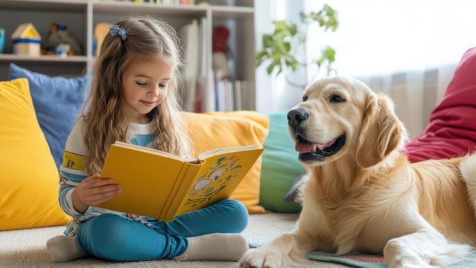 Lesen mit Hund Kind liest einem Hund vor