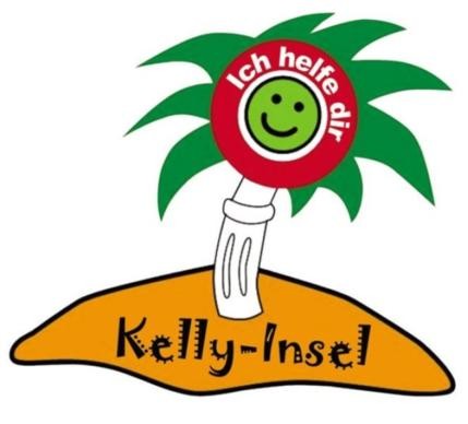 Logo Kelly-Insel Insel mit Palme. Schriftzug "Ich helfe dir" und "Kelly-Insel"