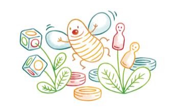 Biene zwischen zwei Blumen, deren Blütenköpfe aus Würfel und Spielfiguren bestehen