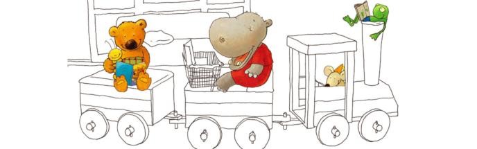 Bär, Nilpferd und Frosch sitzen auf dem Zug in der Kinderbücherei