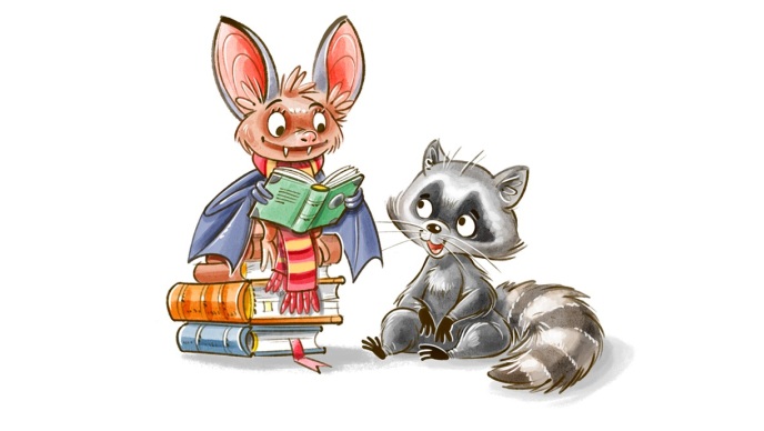 Zeichnung von Fledermaus Luna und Waschbär Emil