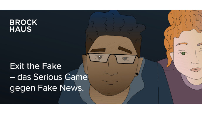 Ein Junge und ein Mädchen als Comic gezeichnet vor dem Schriftzug Exit the FAke, das Serious Game gegen Fake News