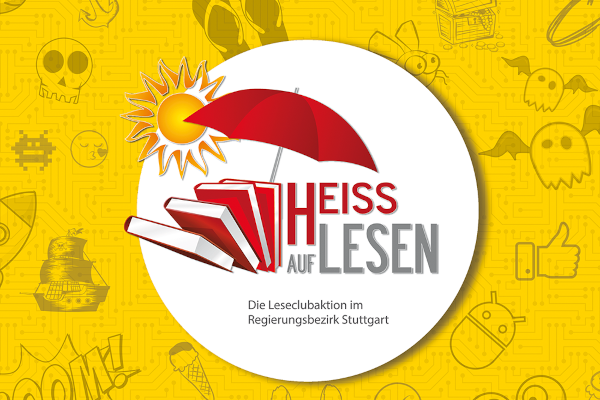 Logo Heiss auf Lesen (Sonne, Sonnenschirm, Bücher) auf gelbem Hintergrund