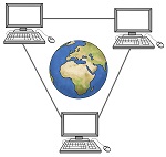 3 Computer mit Weltkugel in der Mitte