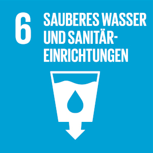 Blauer Hintergrund, Text 6 Sauberes Wasser und Sanitäreinrichtungen, Piktogramm Wasserglas mit Wassertropfen und Pfeil nach unten