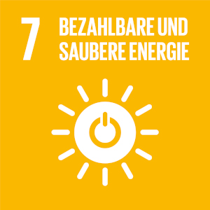 Gelber Hintergrund, Text 7 bezahlbare und saubere Energie, Piktogramm Sonne mit On/Off-Schalter in der Mitte