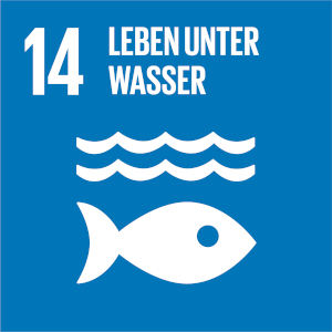 Blauer Hintergrund, Text 14 Leben unter Wasser, Piktogramm Fisch im Wasser
