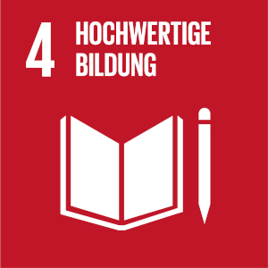 Dunkelroter Hintergrund, Text 4 Hochwertige Bildung, Piktogramm aufgeschlagenes Buch und Stift