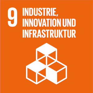 Orangfarbener Hintergrund, Text 9 Industrie, Innovation und Infrastruktur, Piktogramm Geometrische Form: Würfel übereinander gestapelt